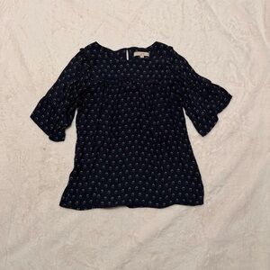 LOFT Navy Floral Ruffle Babydoll Blouse M Cottagecore Dark Academia Ditsy